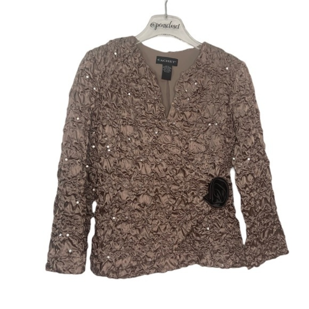Cachet Blush Formal Puckered Sequined Long Sleeve Blouse Mother Wedding Holiday